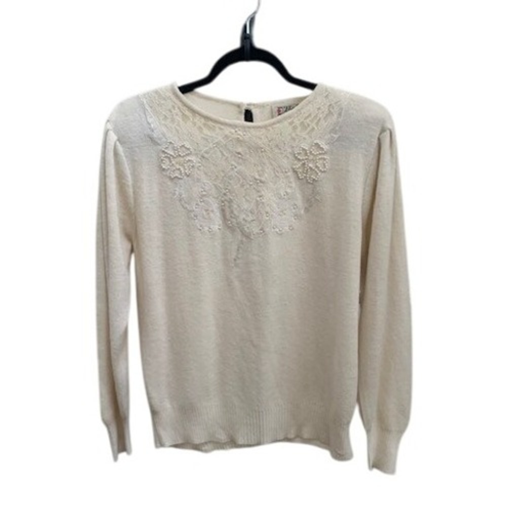 D'Allaird's Vintage Ivory Angora Blend Beaded Lace Pearl Puffed Sleeve Sweater